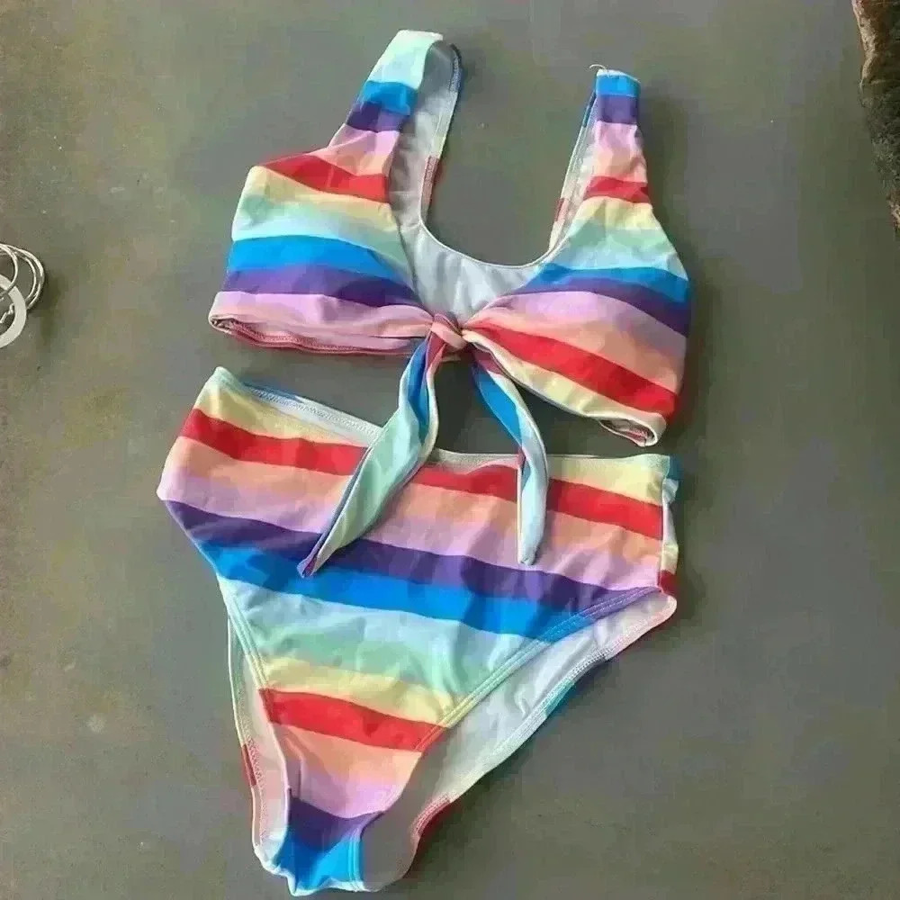 Multicolor Rainbow Striped Front Knot Two Piece High Waist Bikini Set Size S